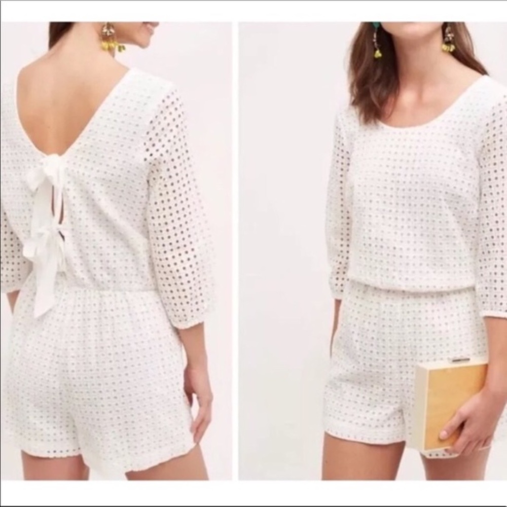Anthropologie Lilka Women's White Eyelet Bow Back 3/4 Sleeve Romper